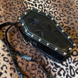 Black Coffin-Shaped Bag with Rose Embroidery